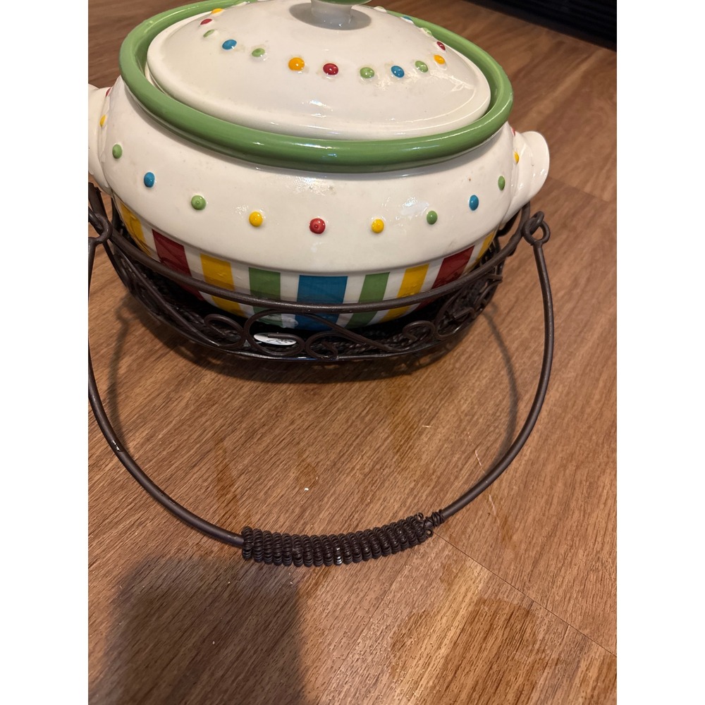 Multicolor Striped Ceramic Bean Pot Tureen with Lid and Metal Wire Basket Carry - Picture 2 of 6